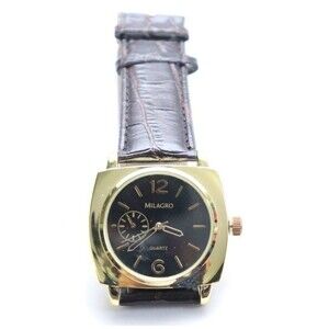Milagro Watch Mens Brown Genuine Leather Black Round Face Gold Tone‎ Untested